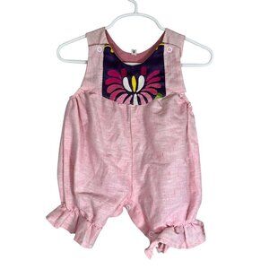 Retro Linen Floral Embroidery Romper Pink 6M Bubble Ruffle Mexican Fiesta Chic